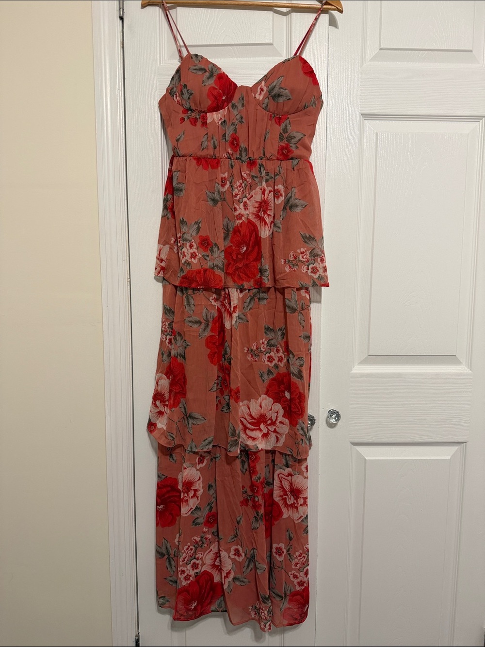 Floral Tiered Maxi Dress in dusty pink with Red Blooms